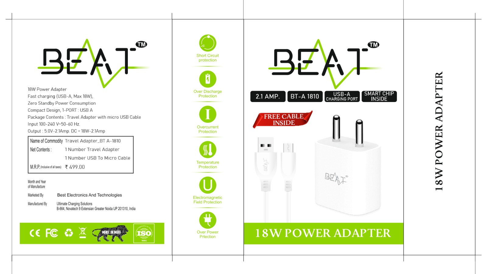 BT-A1810 18W (2.1amp) CHARGER WITH V8 CABLE COMBO SET